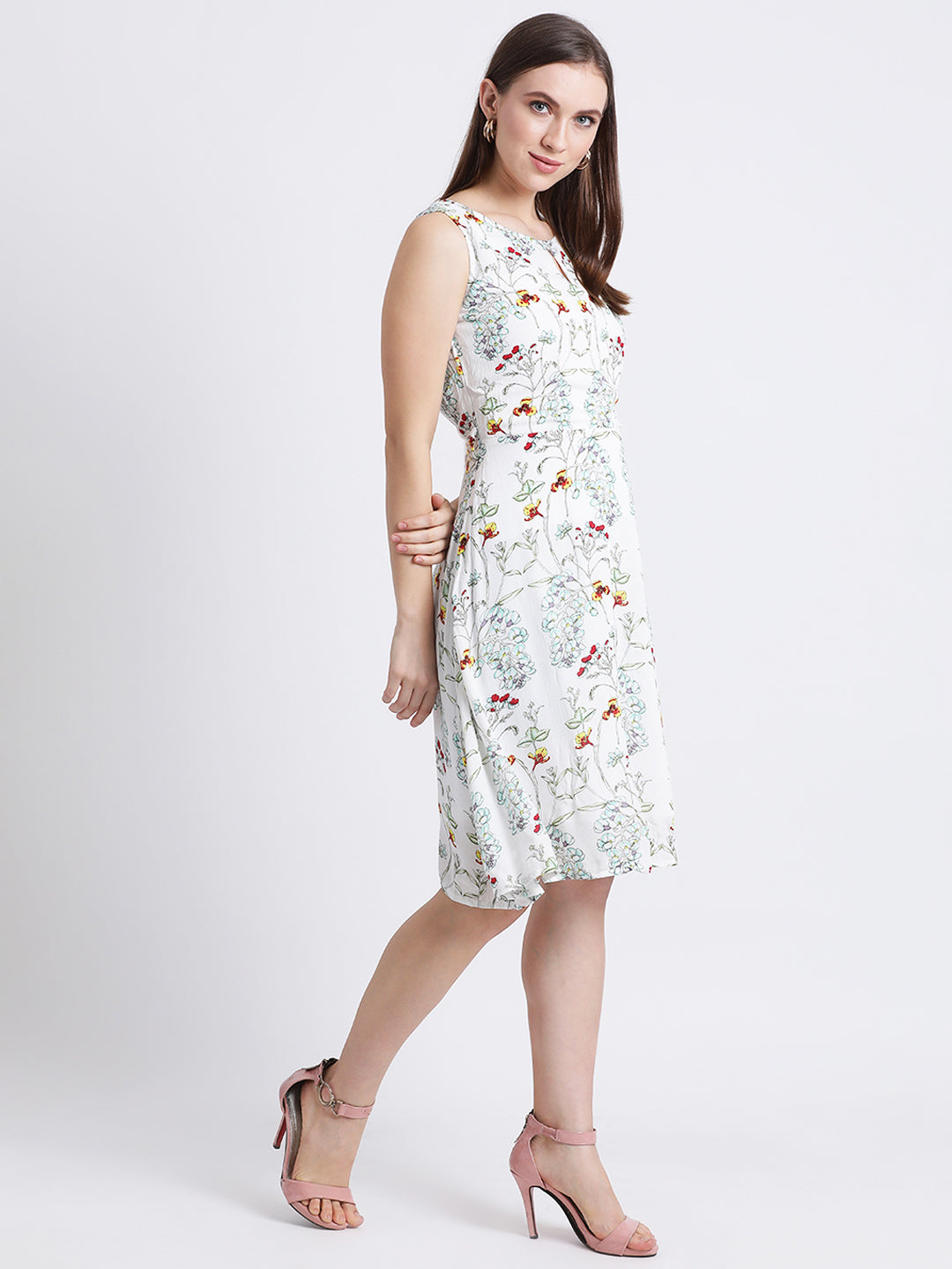 Off White Floral Print A-Line Dress