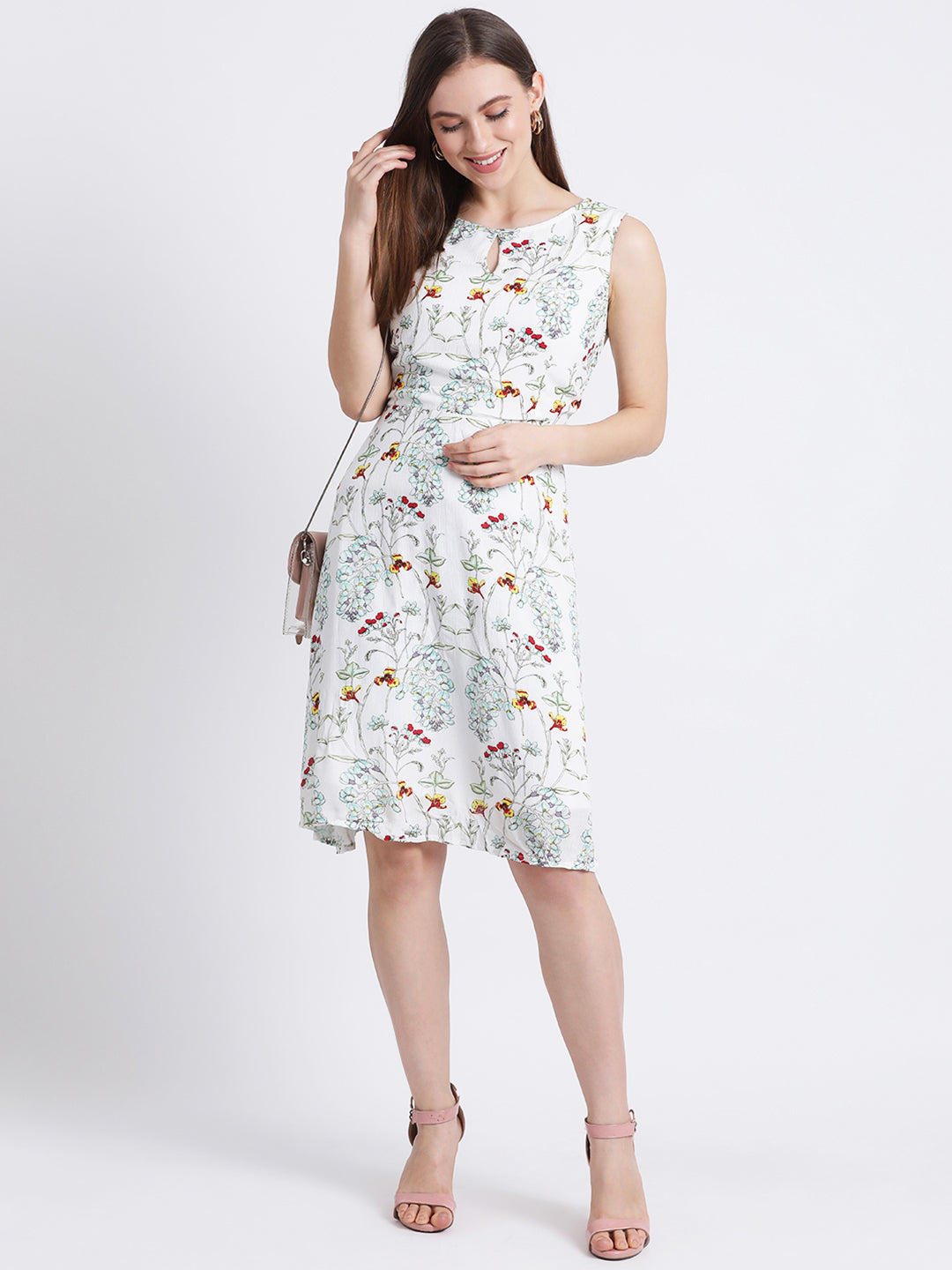 Off White Floral Print A-Line Dress