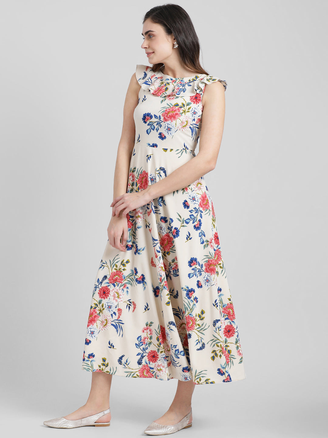 Beige Floral Printed Fit & Flare Dress