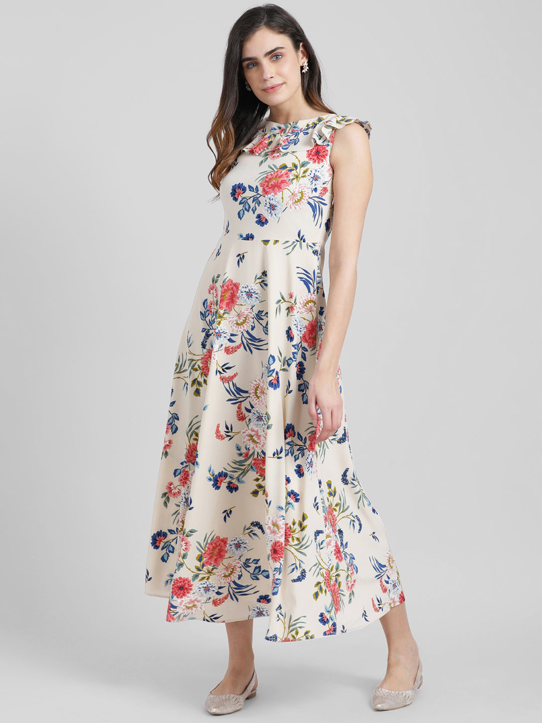 Beige Floral Printed Fit & Flare Dress