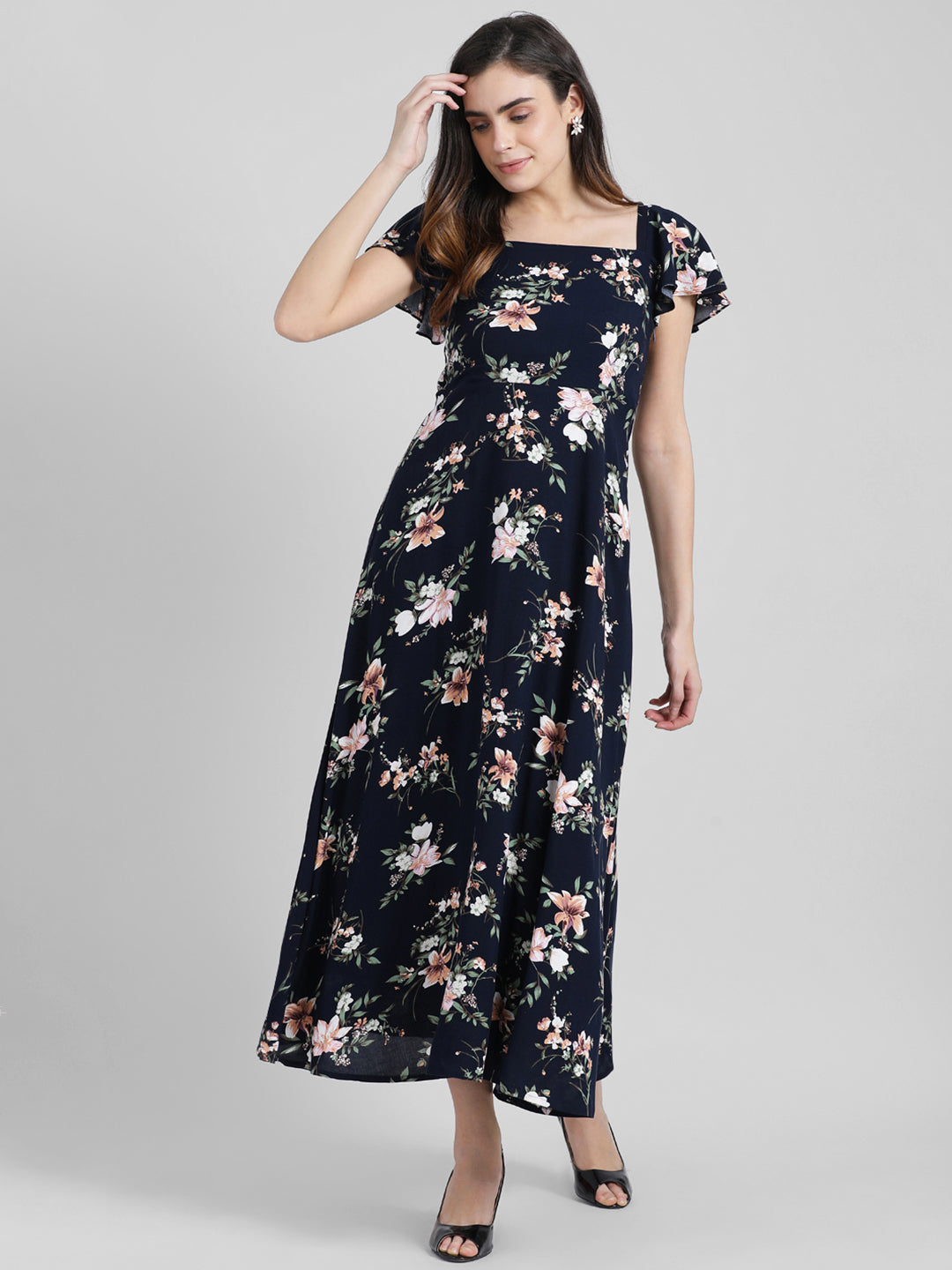 Navy Blue Floral Printed Fit & Flare Dress