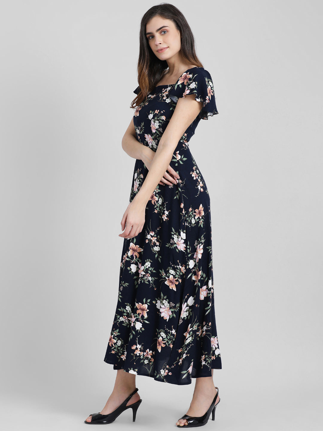 Navy Blue Floral Printed Fit & Flare Dress