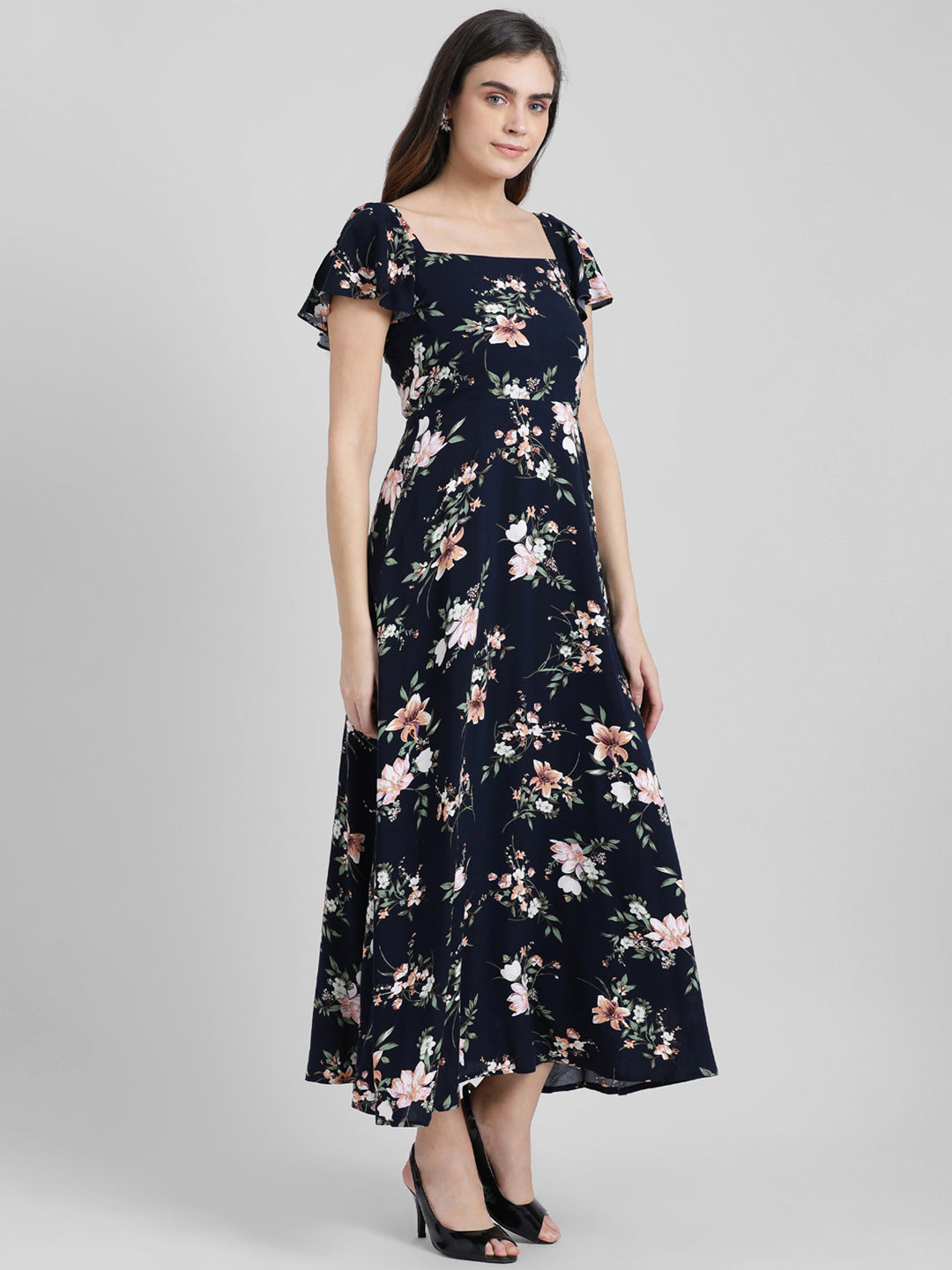 Navy Blue Floral Printed Fit & Flare Dress