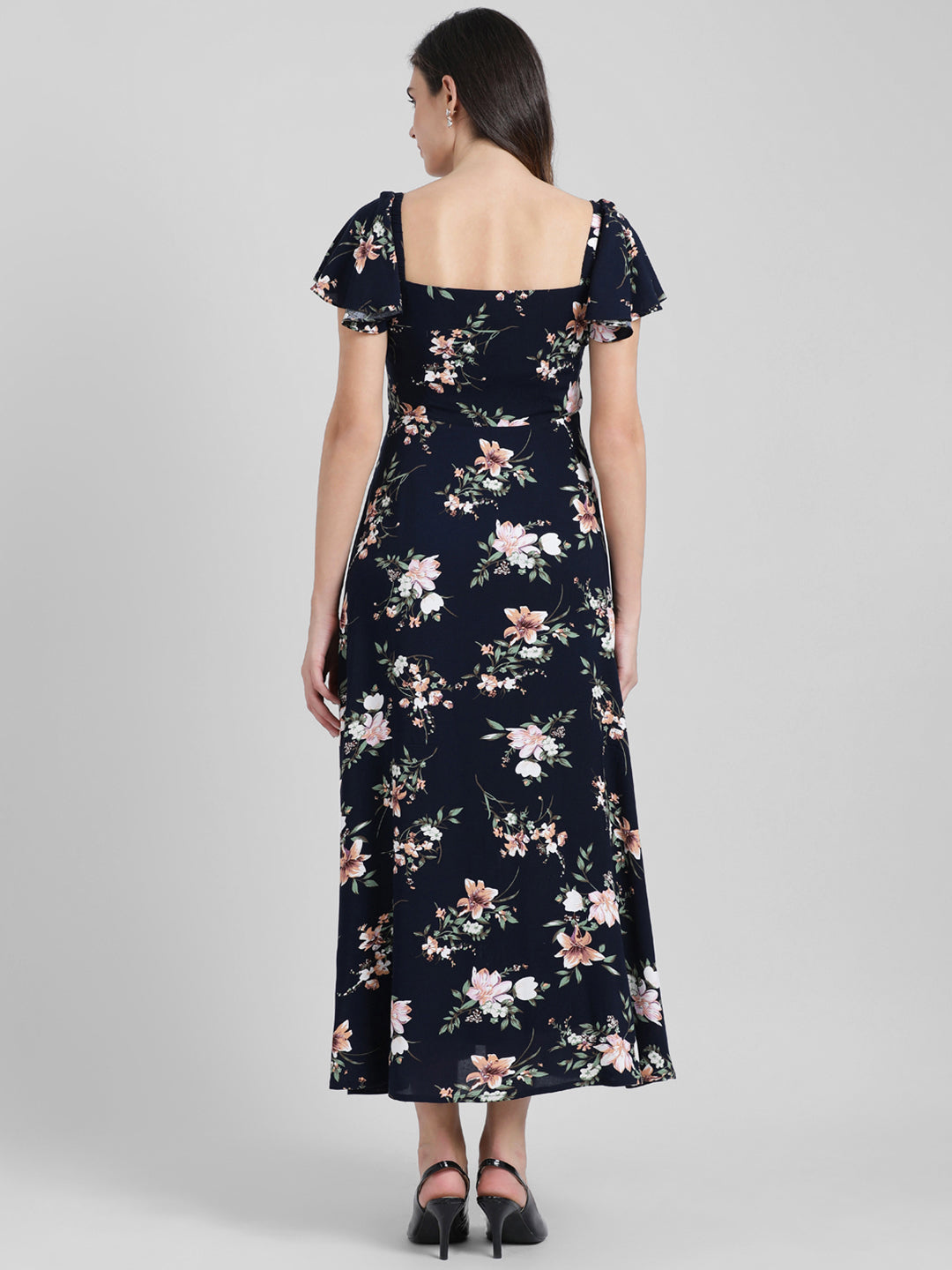 Navy Blue Floral Printed Fit & Flare Dress