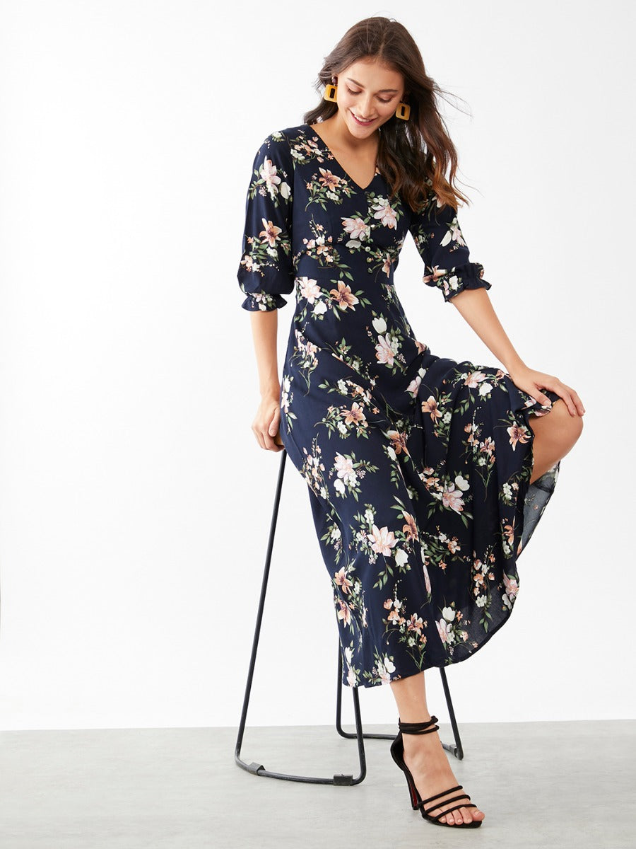 Navy Blue Printed Maxi Dress