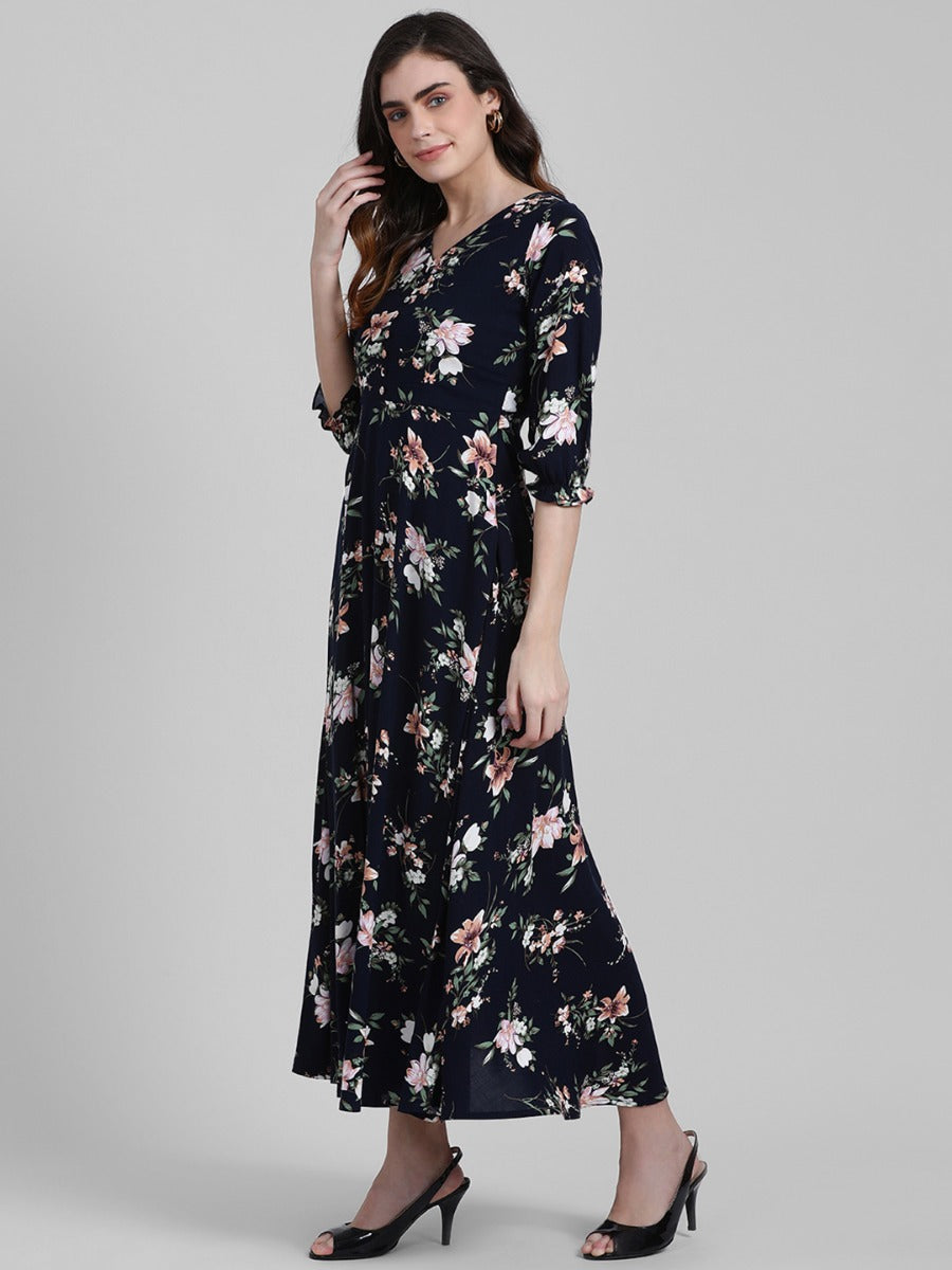 Navy Blue Printed Maxi Dress