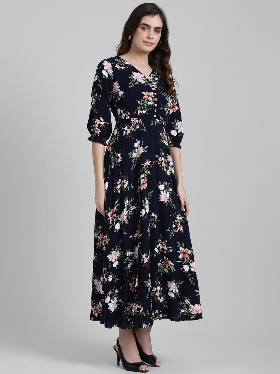 Navy Blue Printed Maxi Dress