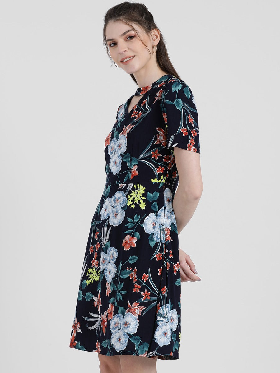 Blue Floral Printed A-Line Dress