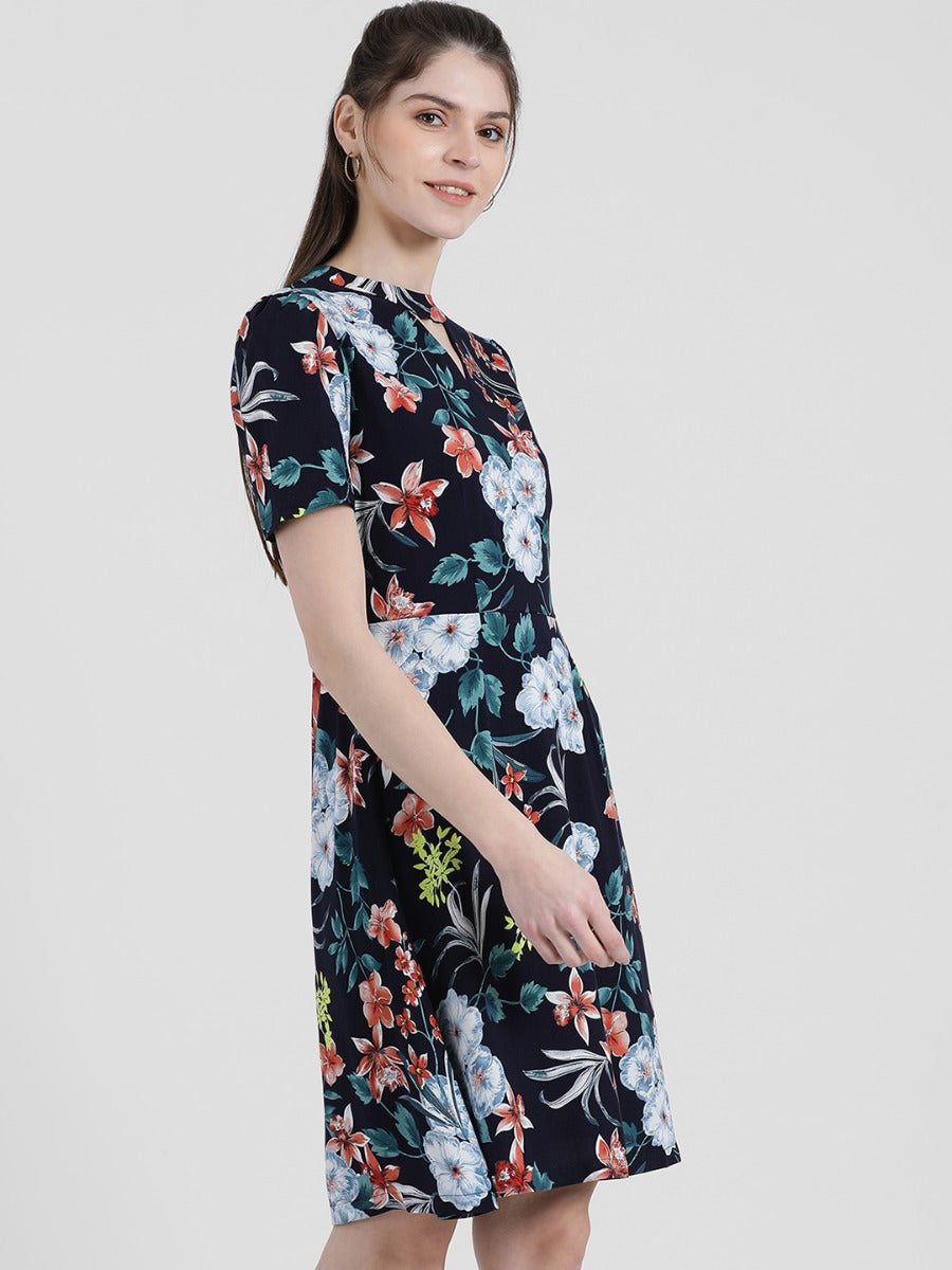 Blue Floral Printed A-Line Dress