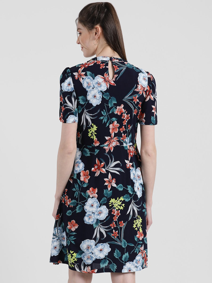 Blue Floral Printed A-Line Dress