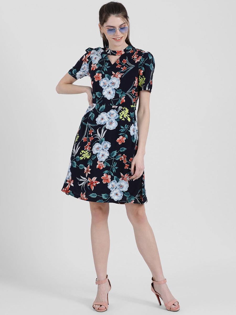 Blue Floral Printed A-Line Dress