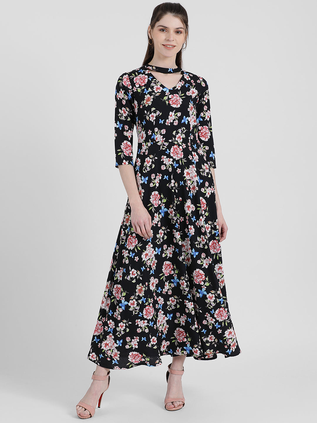 Black Floral Print Maxi Dress