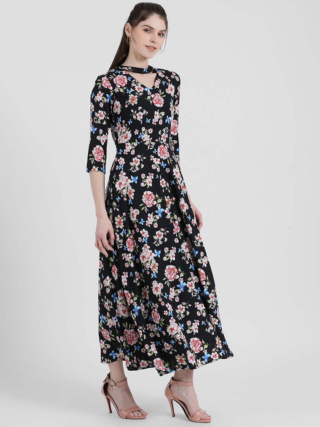 Black Floral Print Maxi Dress