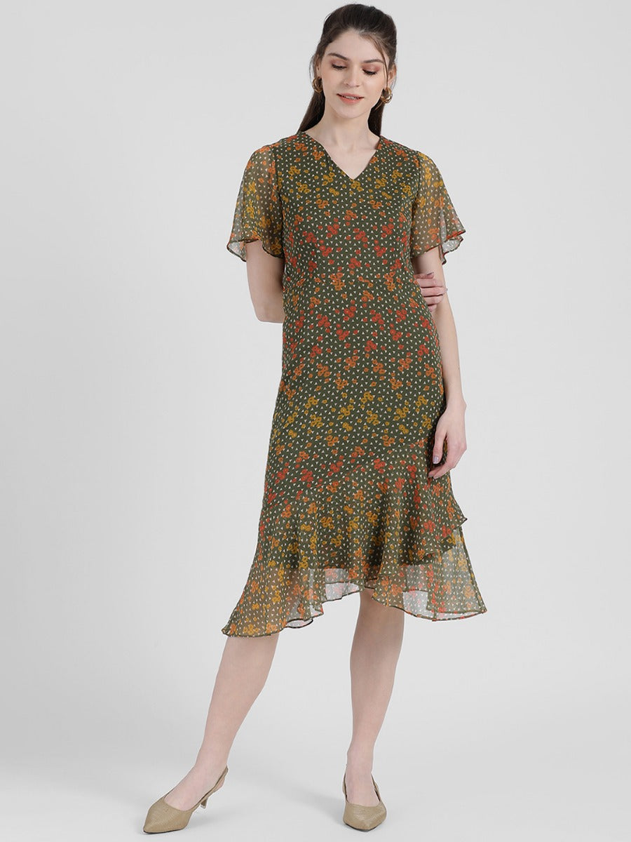 Green Floral Printed Sheath Dress