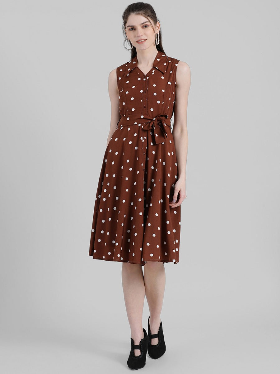 Brown Polka Midi Dress