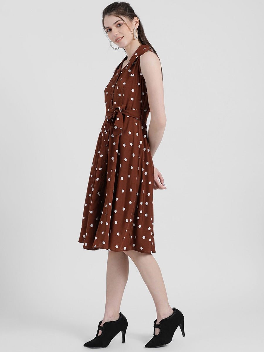 Brown Polka Midi Dress