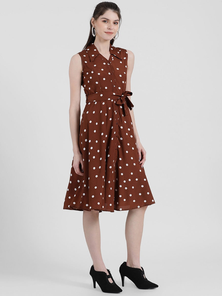 Brown Polka Midi Dress