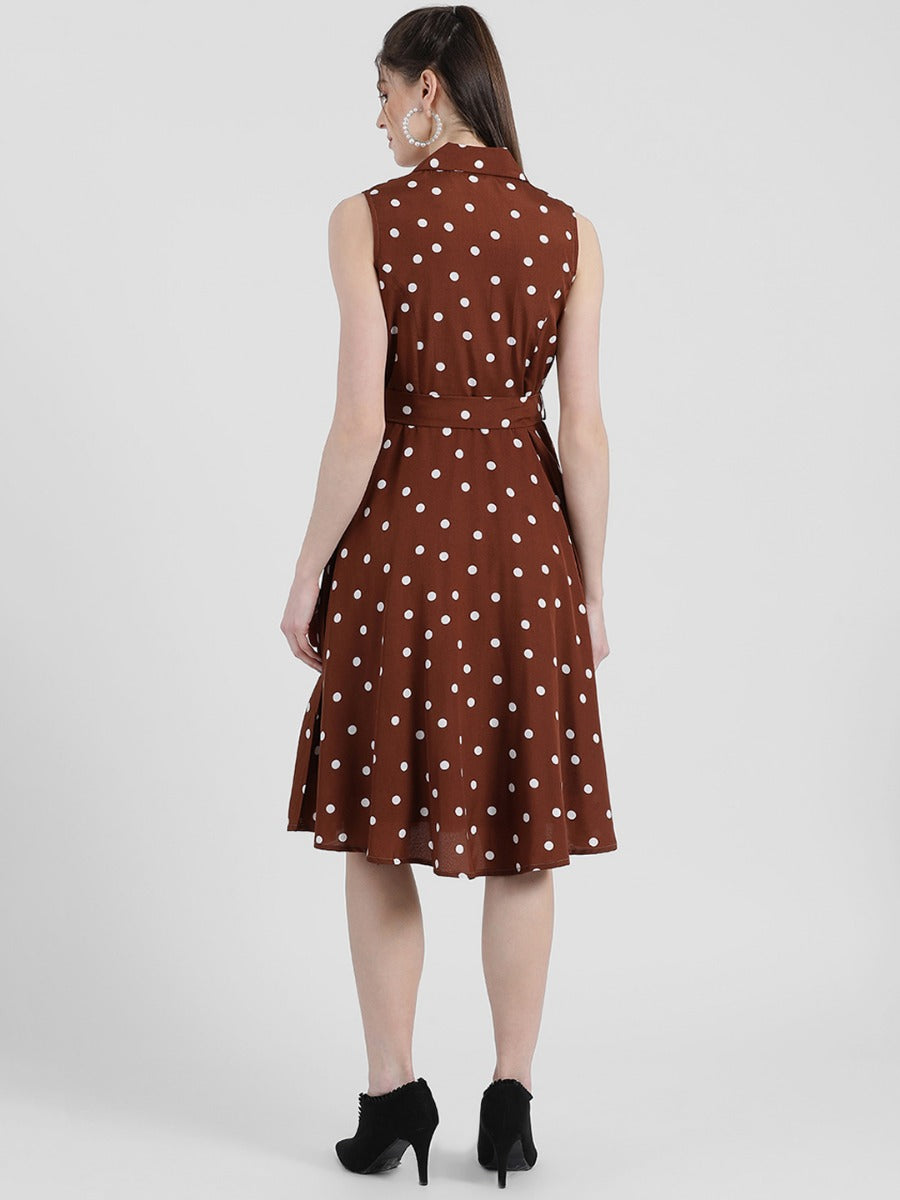 Brown Polka Midi Dress