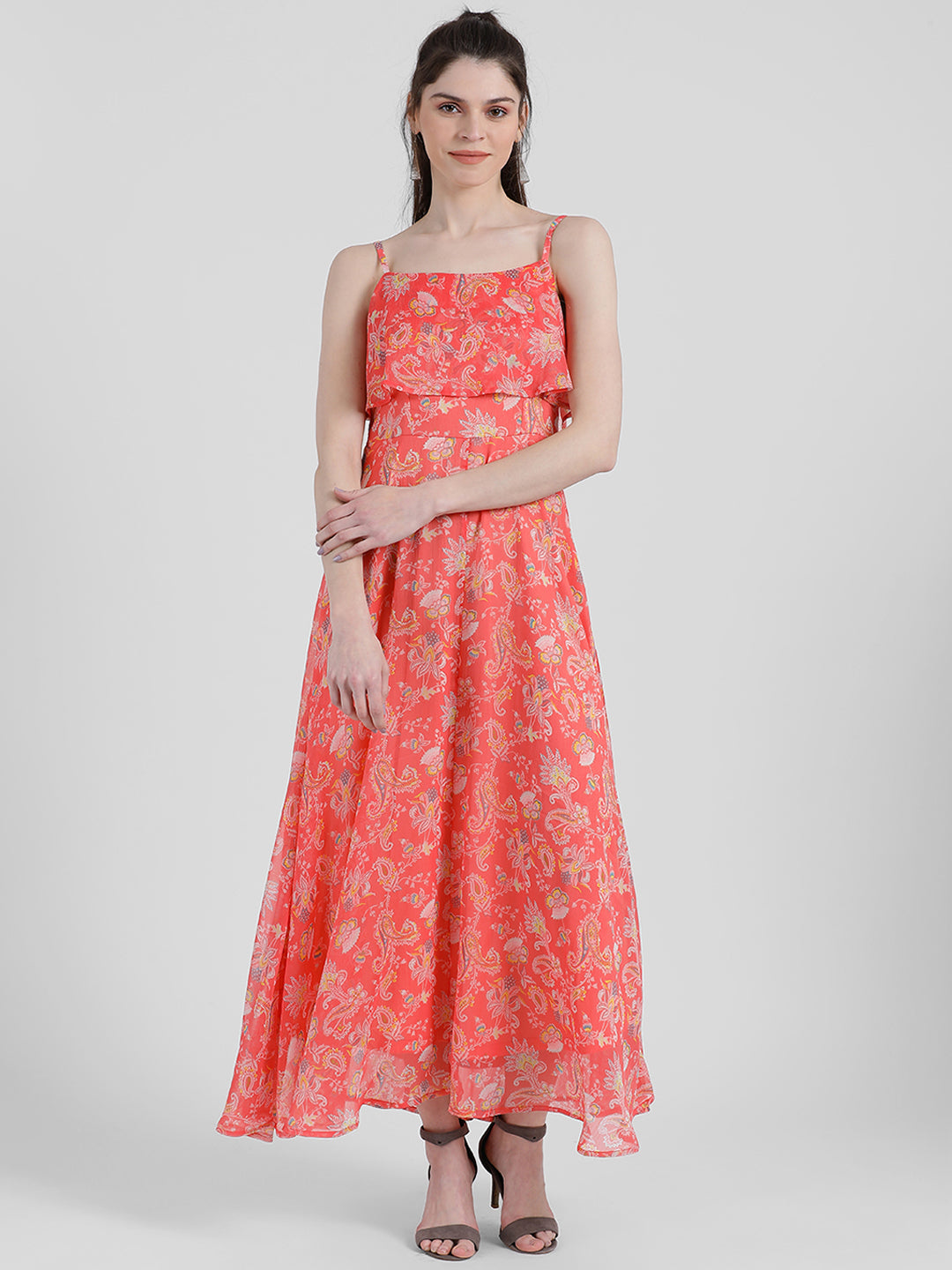 Orange Floral Print Strappy Maxi Dress