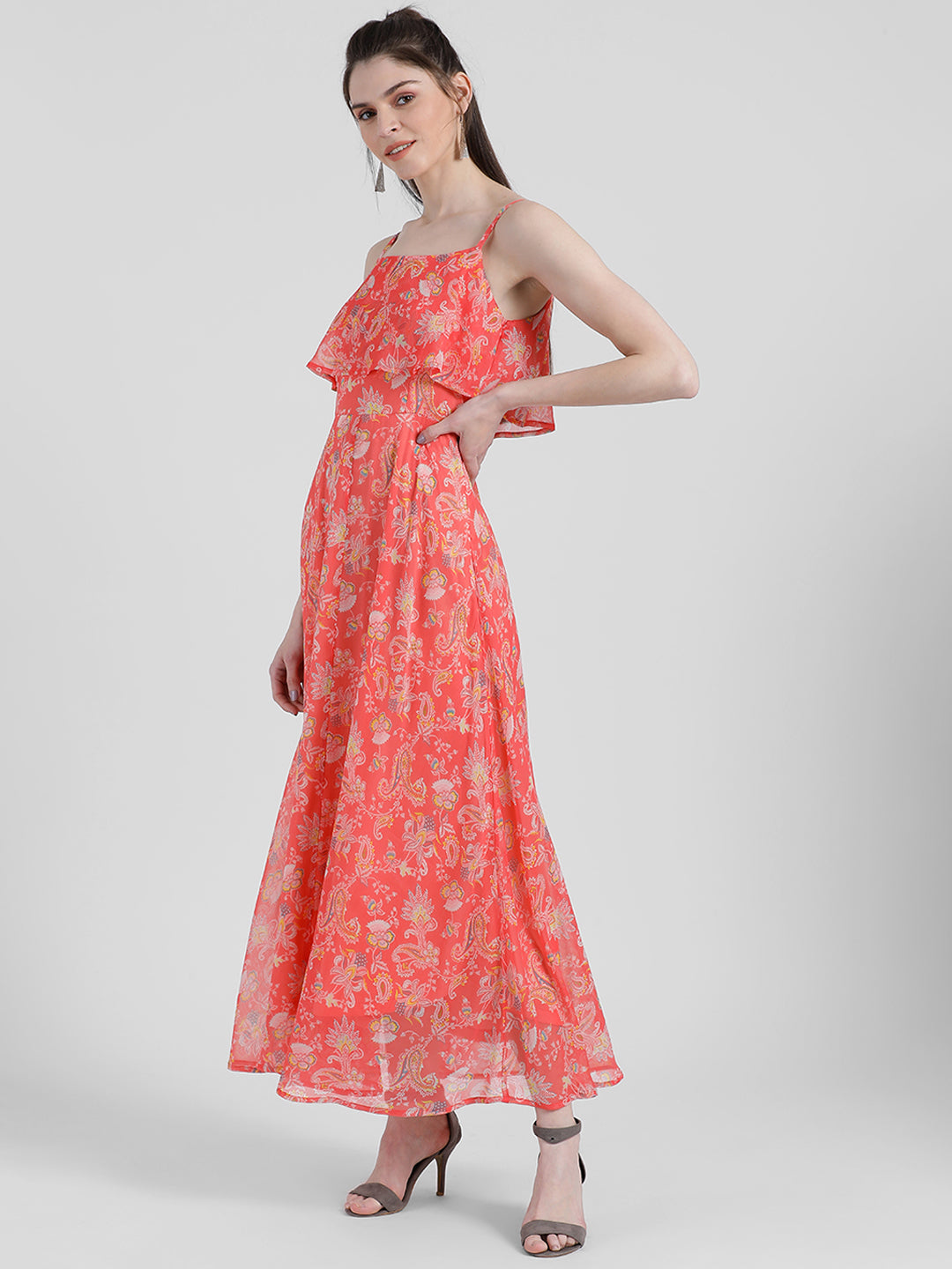 Orange Floral Print Strappy Maxi Dress