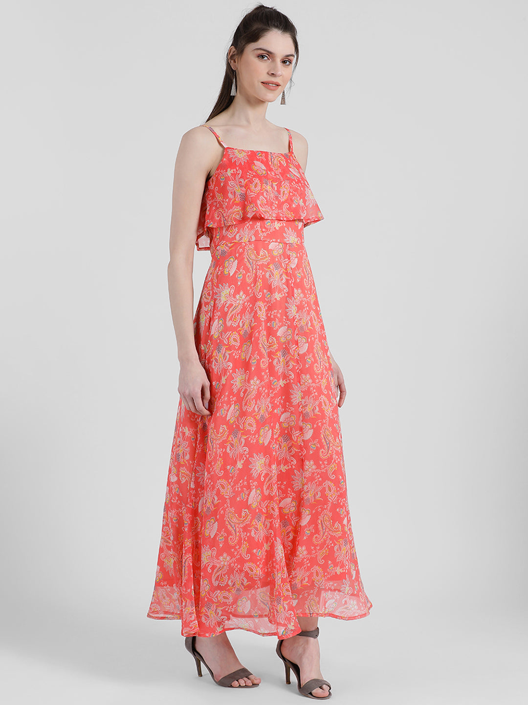 Orange Floral Print Strappy Maxi Dress