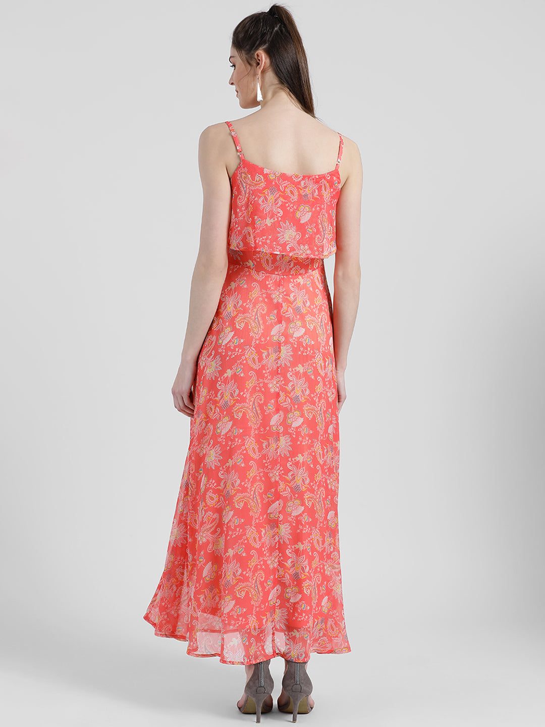 Orange Floral Print Strappy Maxi Dress