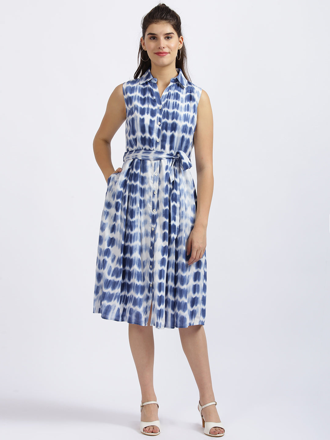 Blue Tie and Dye A-Line Midi Dress