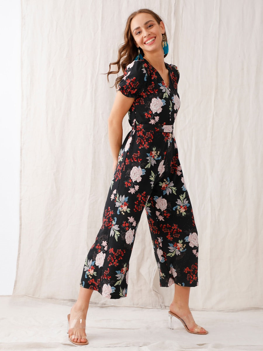 Black Floral Print Straight Jumpsuit