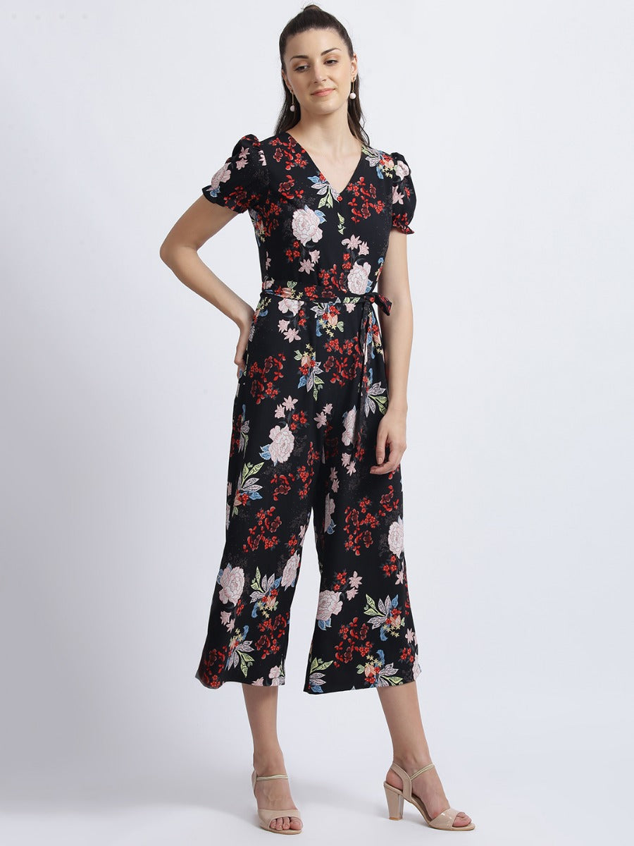 Black Floral Print Straight Jumpsuit