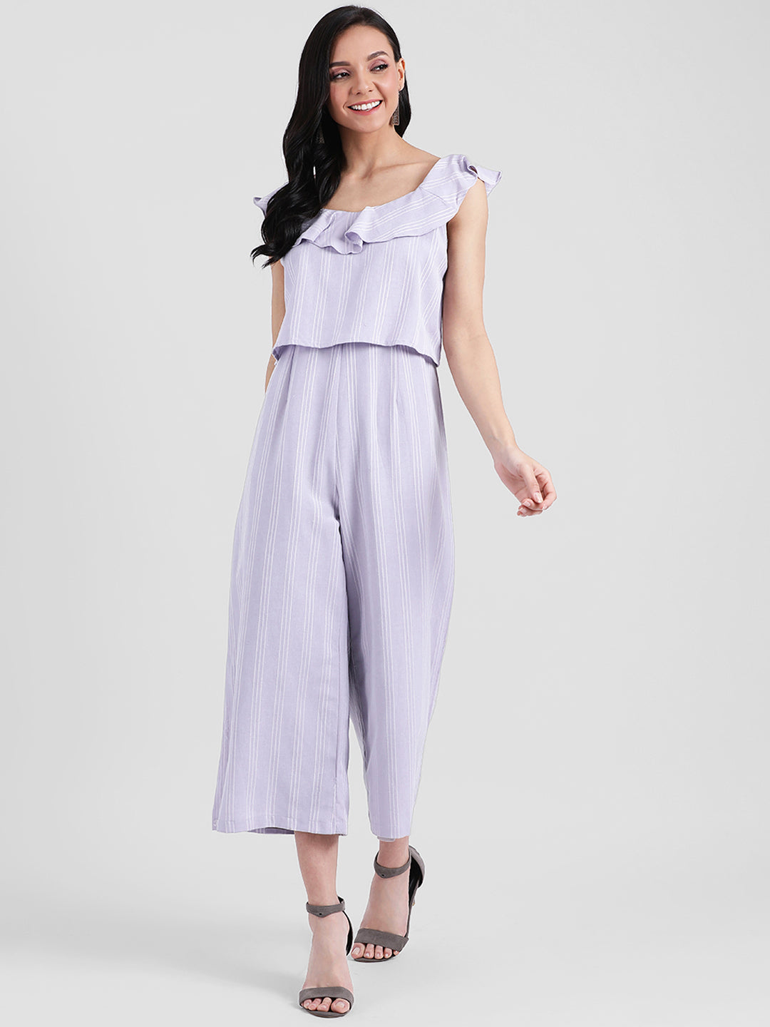 Mauve Striped Ruffled Jumpsuit