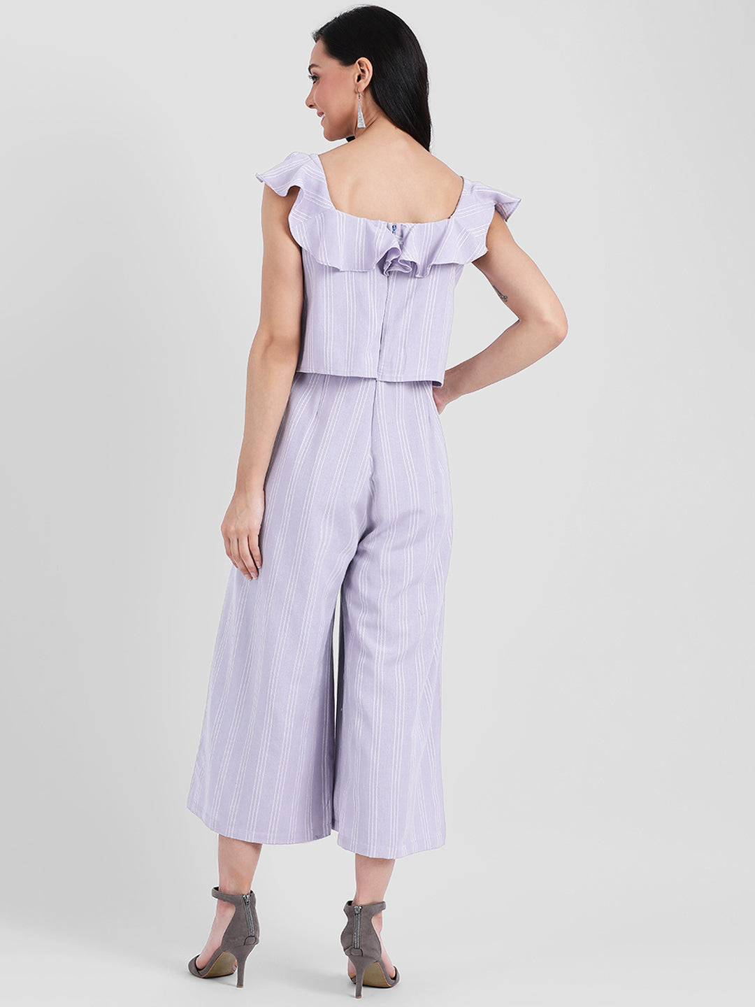 Mauve Striped Ruffled Jumpsuit