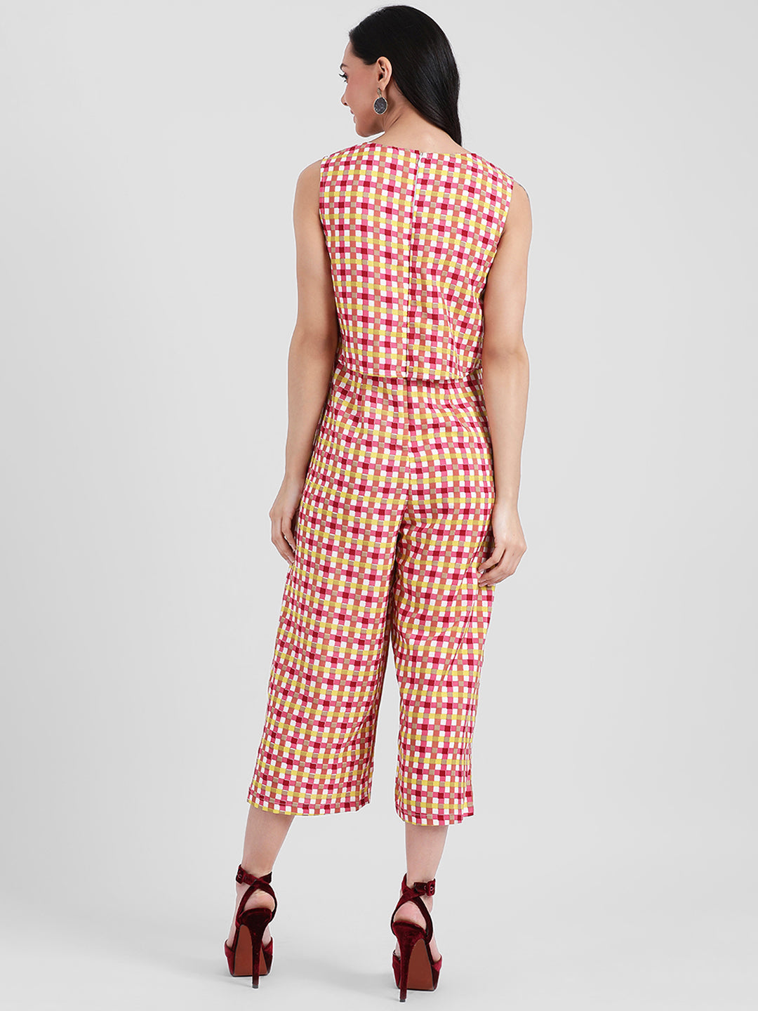 Beige Checked Basic Jumpsuit