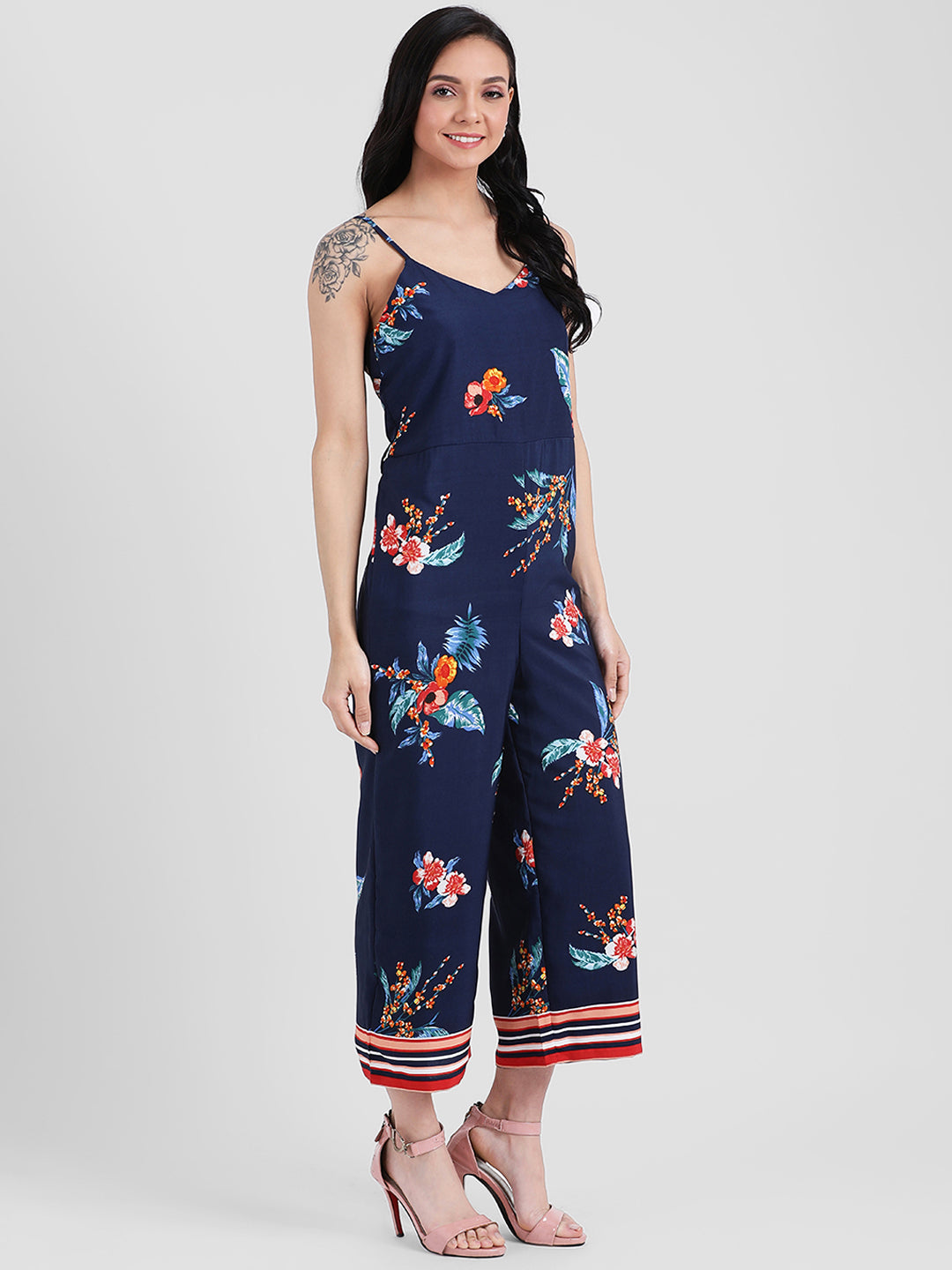 Navy Blue Self Design Basic Jumpsuit