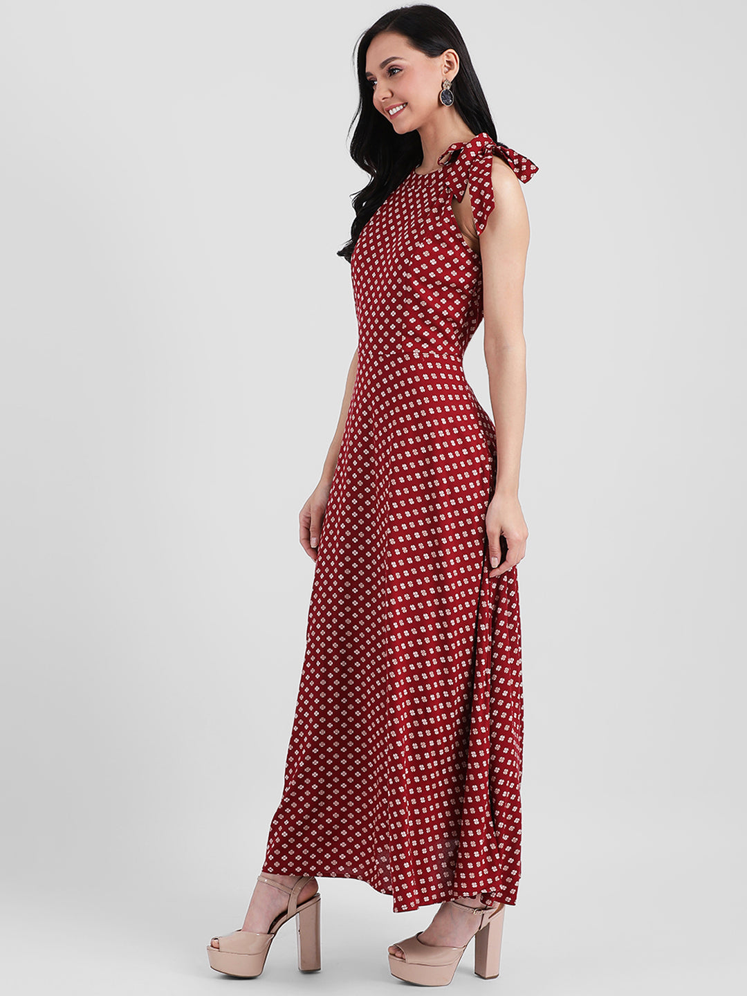 Red Floral Print A-Line Maxi Dress