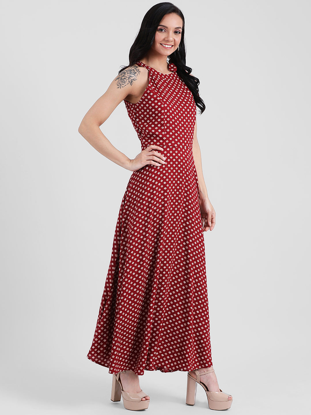 Red Floral Print A-Line Maxi Dress