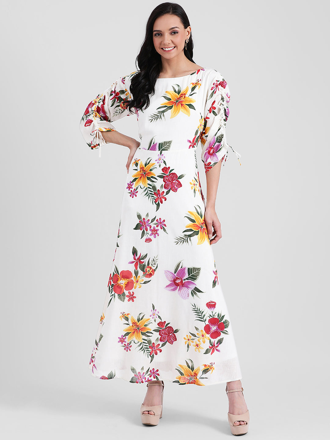 White Floral Print A-Line Maxi Dress