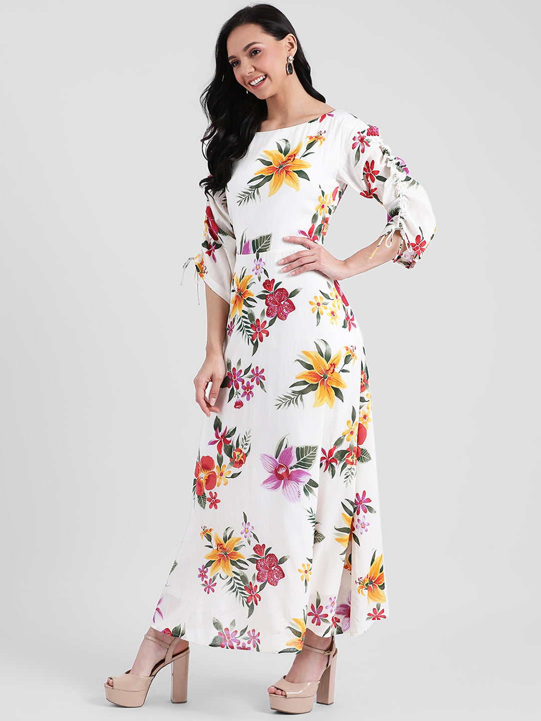 White Floral Print A-Line Maxi Dress