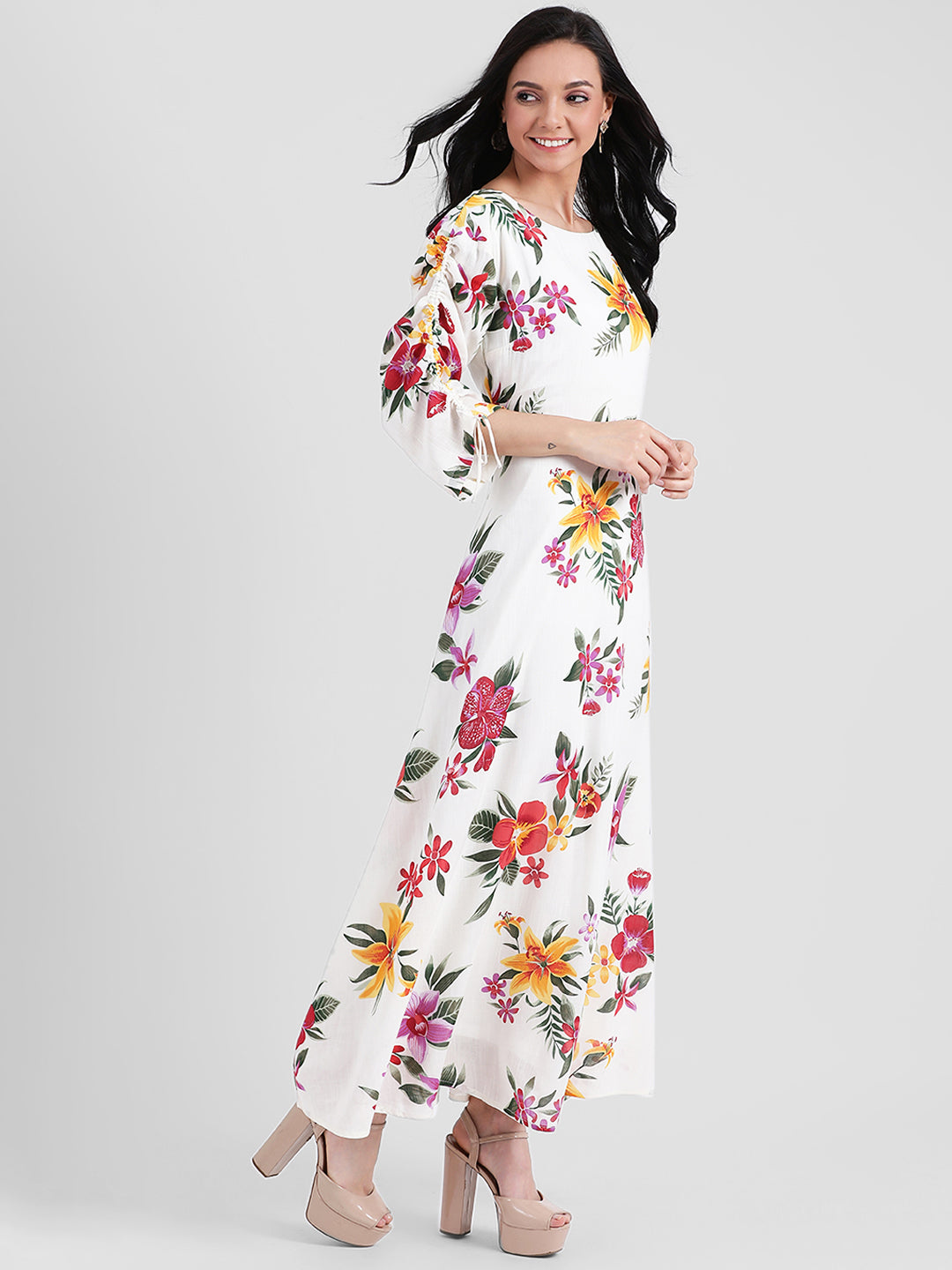 White Floral Print A-Line Maxi Dress