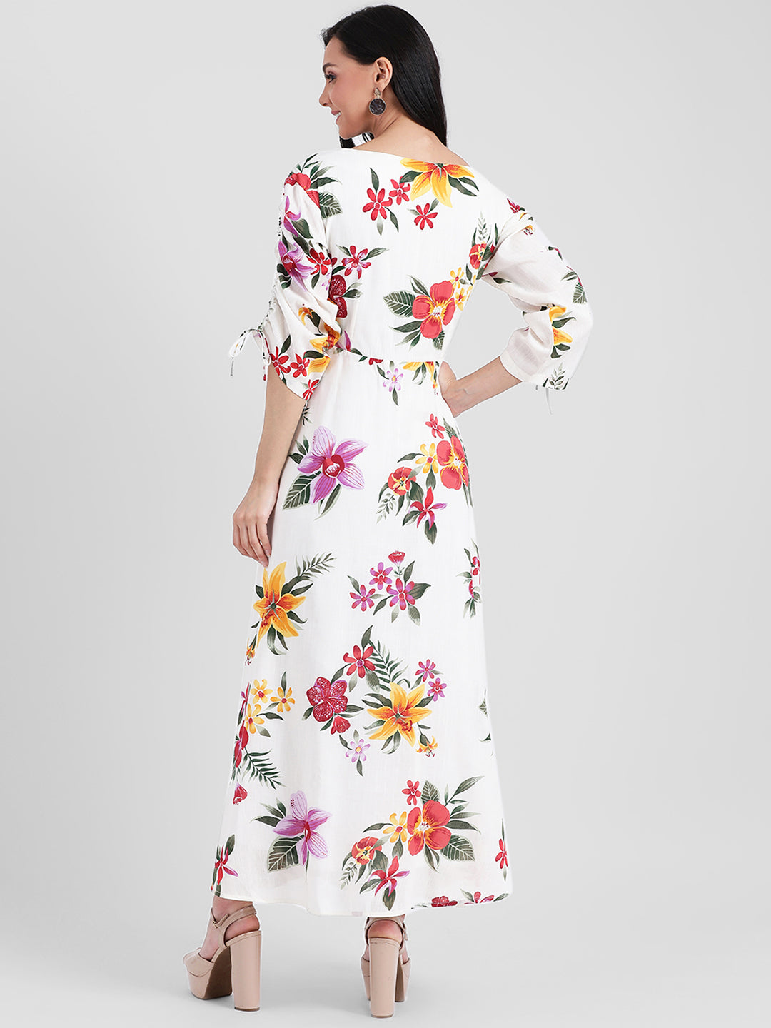 White Floral Print A-Line Maxi Dress