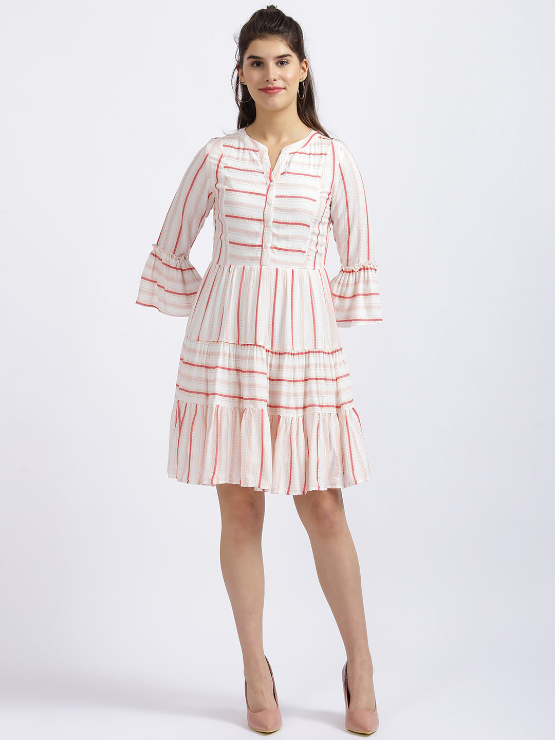 Off White Striped Tiered Dress