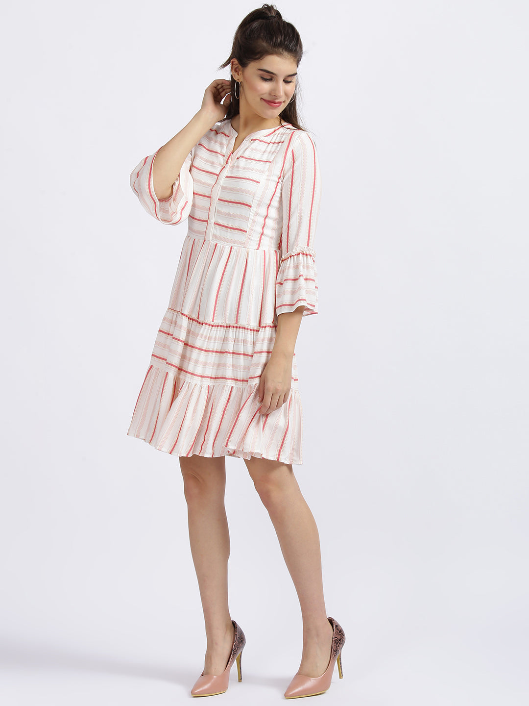 Off White Striped Tiered Dress