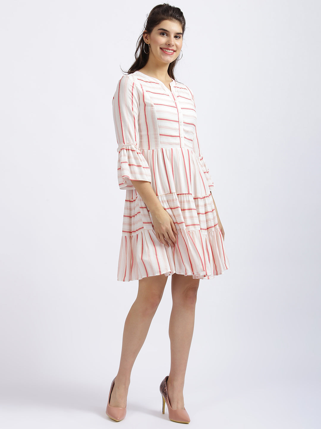 Off White Striped Tiered Dress