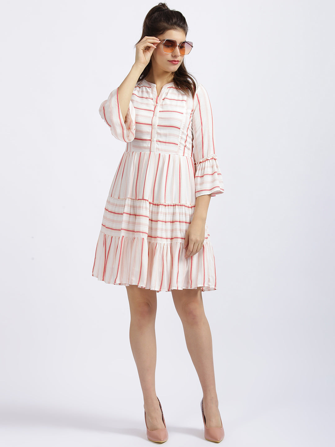 Off White Striped Tiered Dress