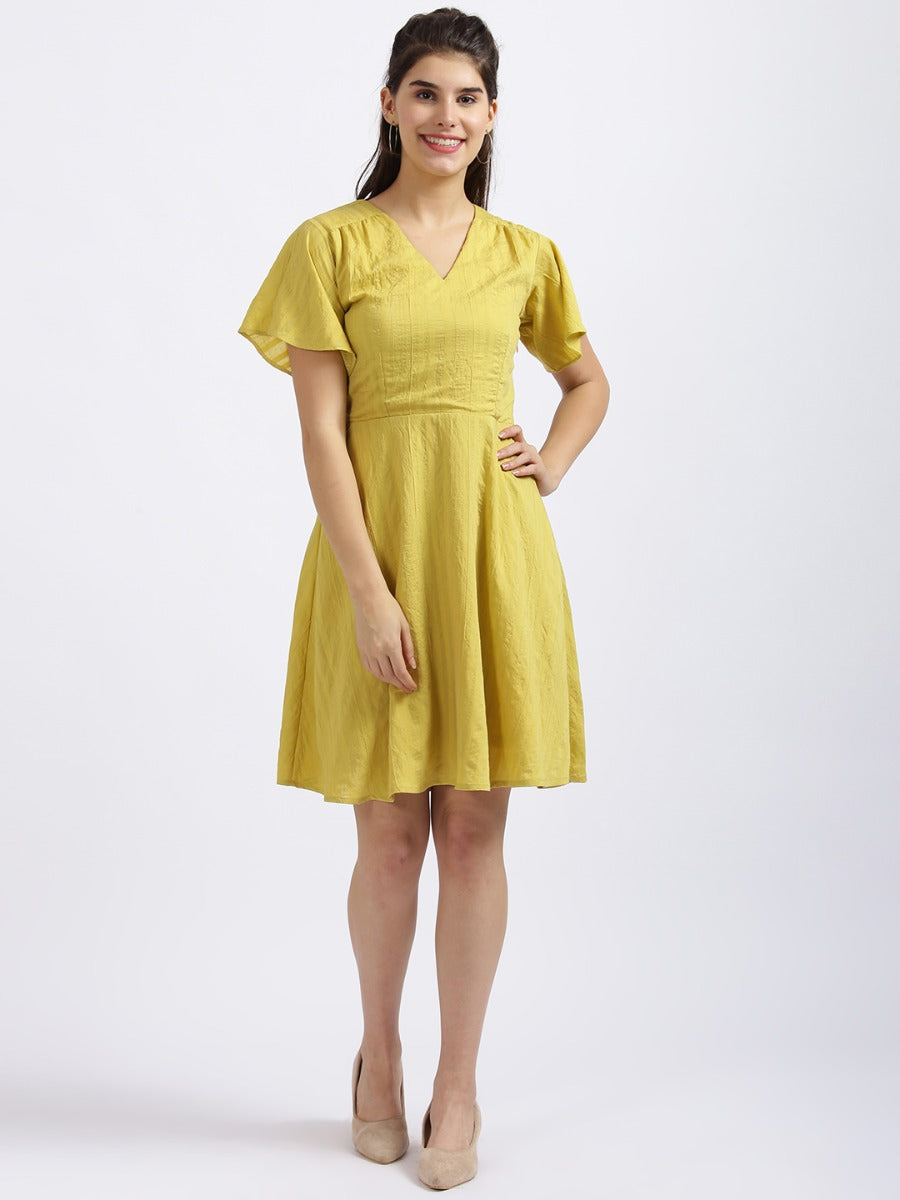 Yellow Self Design Fit & Flare Dress