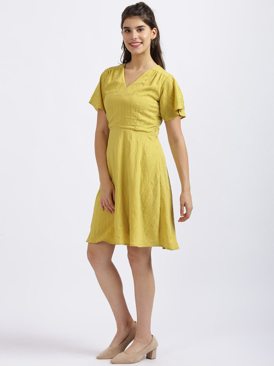 Yellow Self Design Fit & Flare Dress