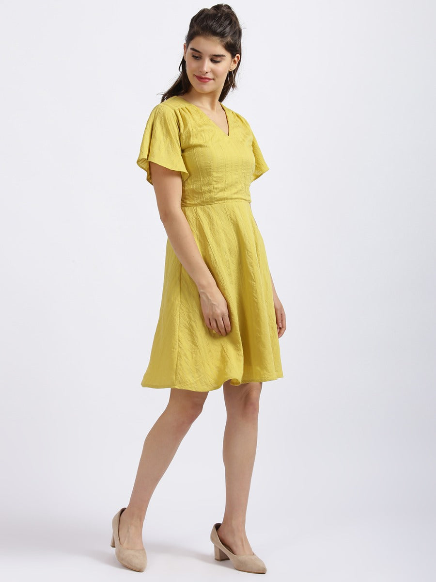 Yellow Self Design Fit & Flare Dress