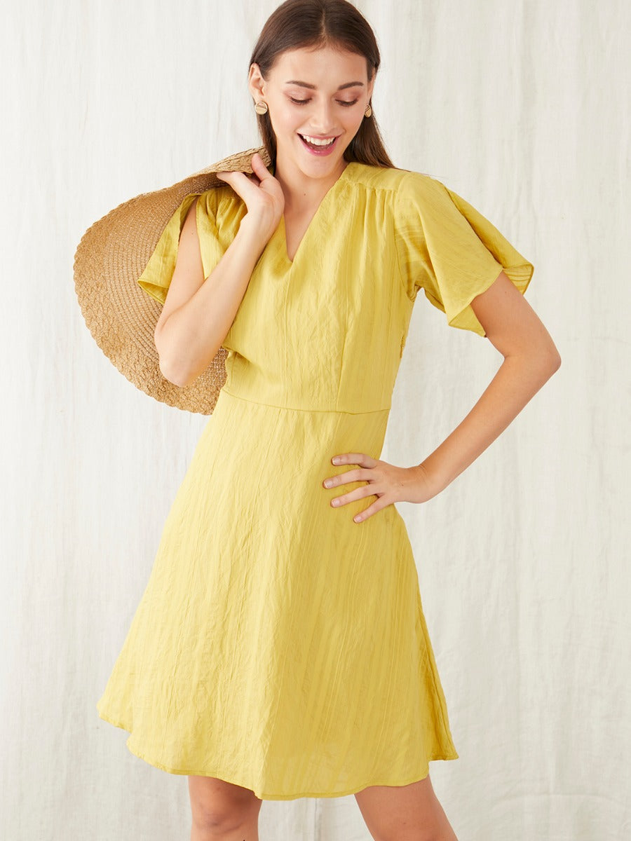 Yellow Self Design Fit & Flare Dress