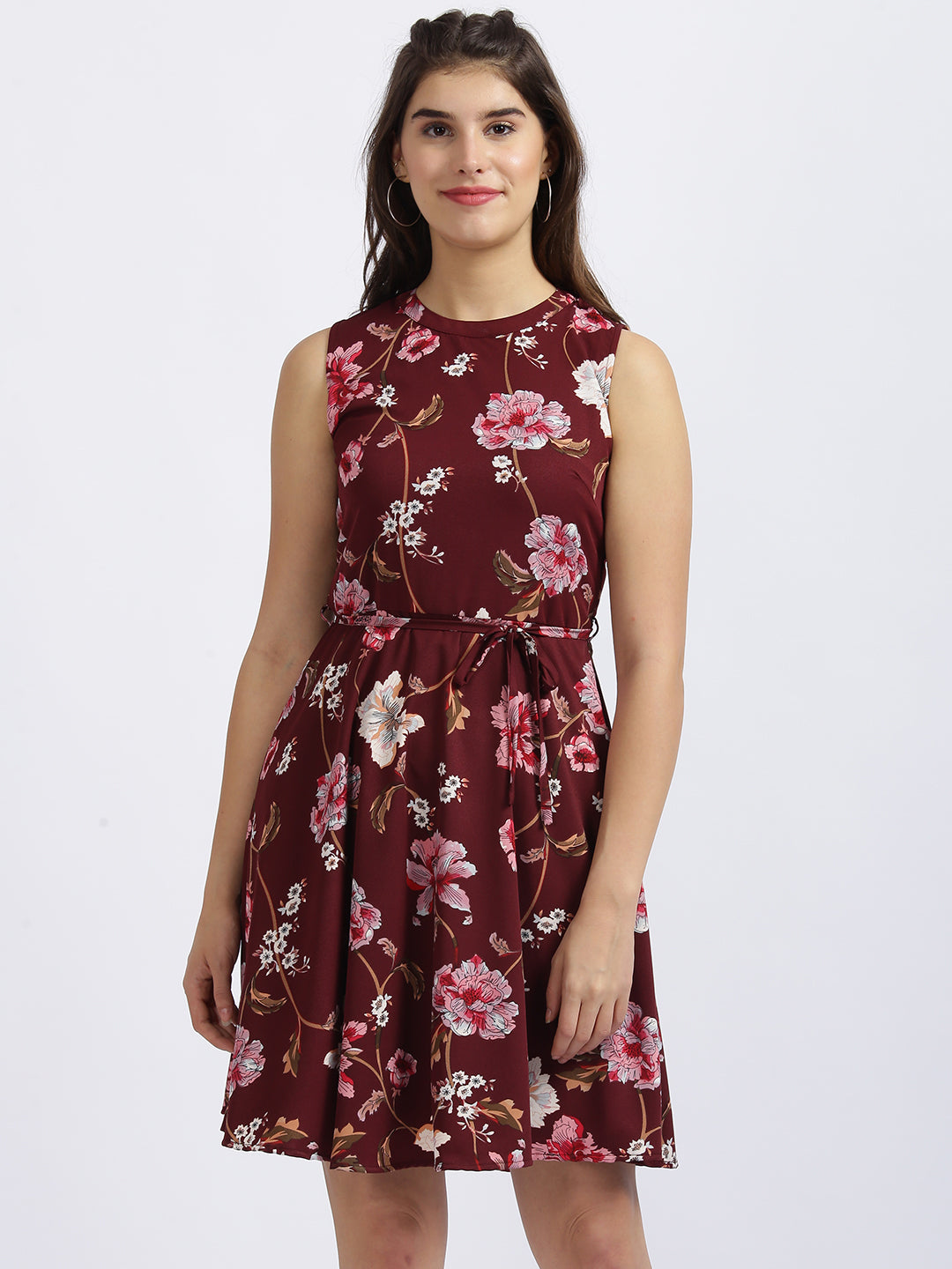 Maroon Floral Print Fit & Flare Dress