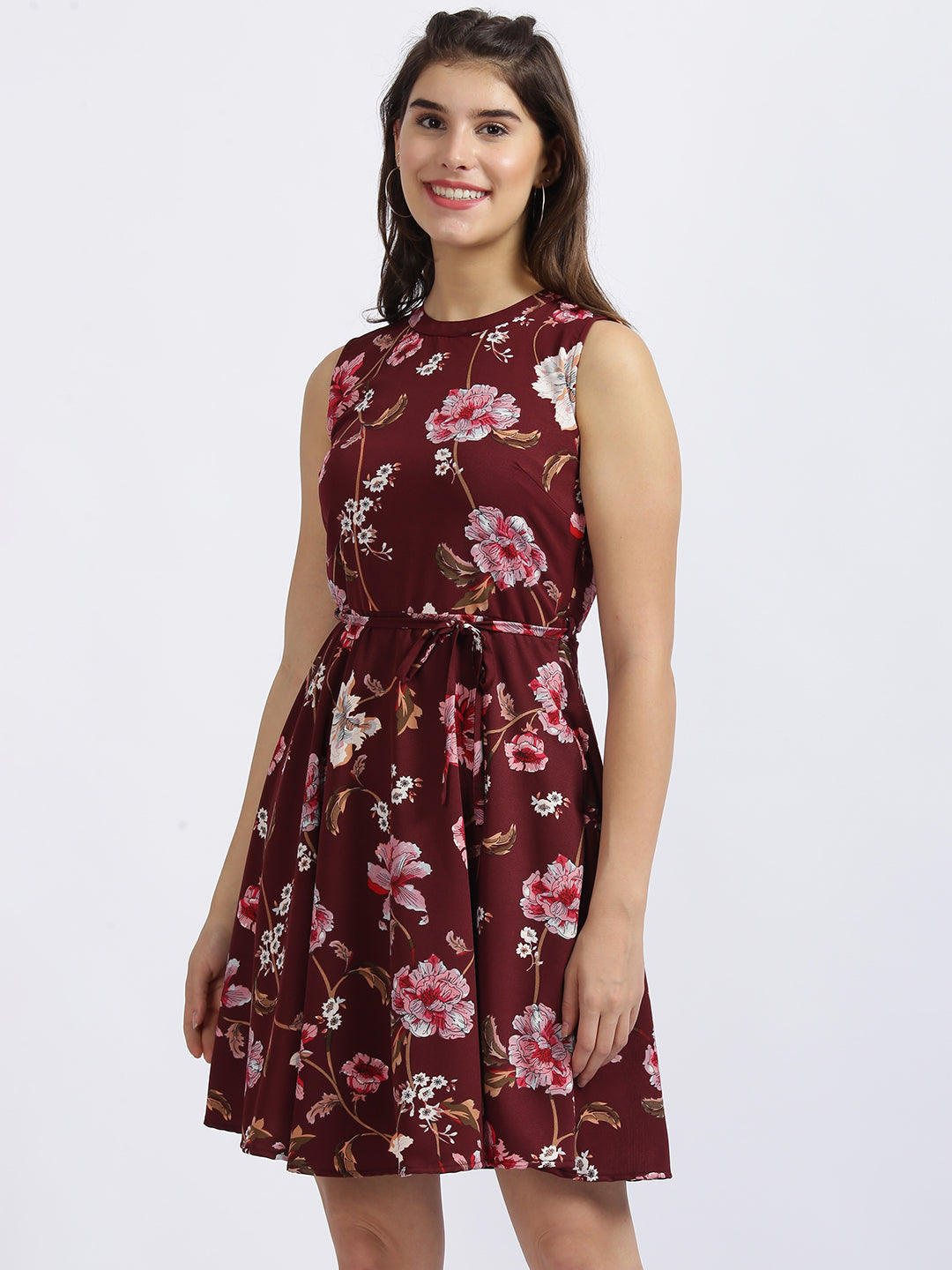 Maroon Floral Print Fit & Flare Dress