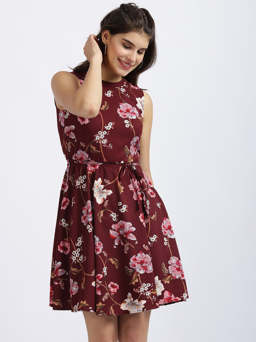 Maroon Floral Print Fit & Flare Dress